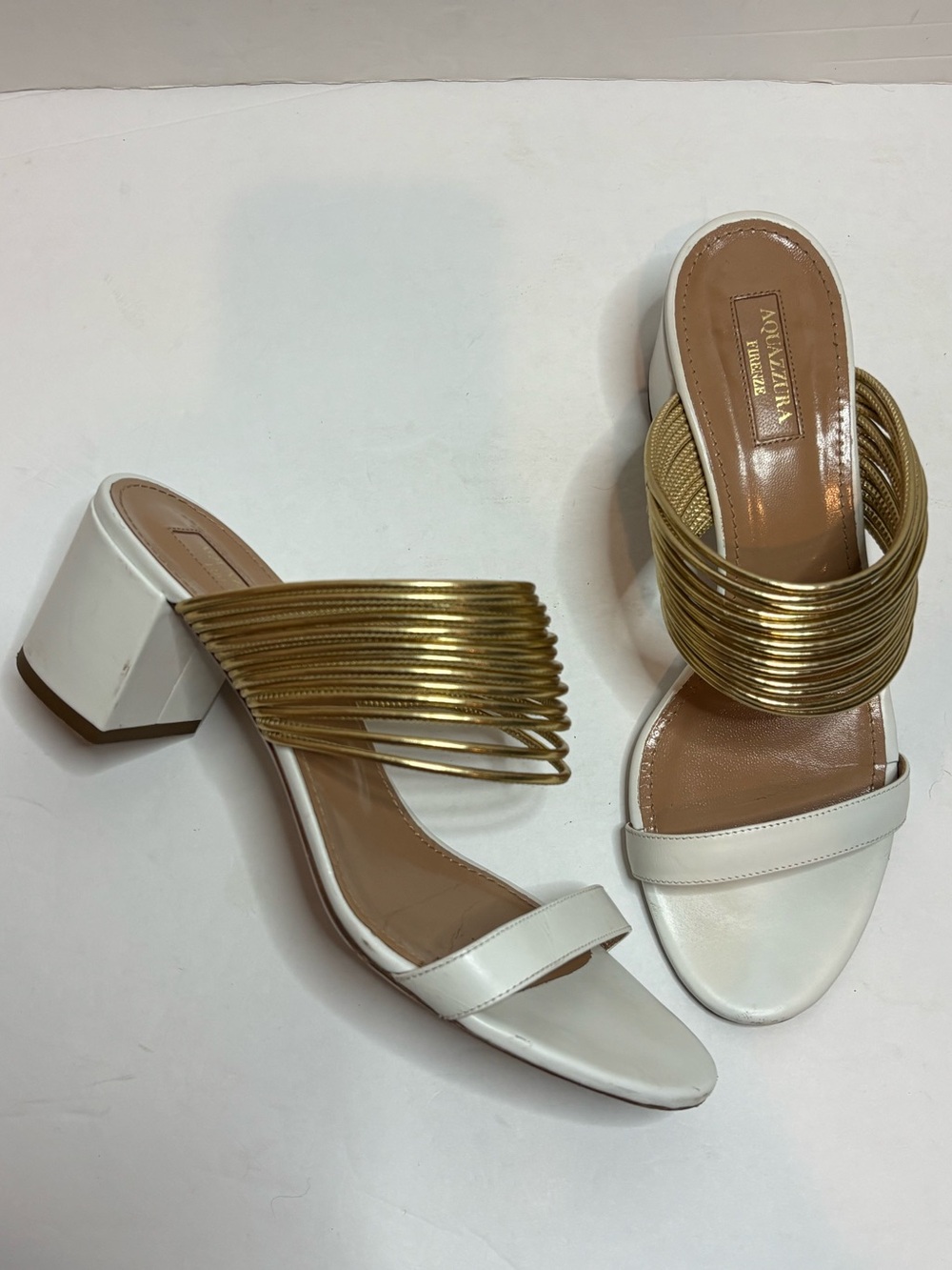 Aquazzura Rendez Vous White Leather Gold Strappy Slide Block Heel Sandals 38.5